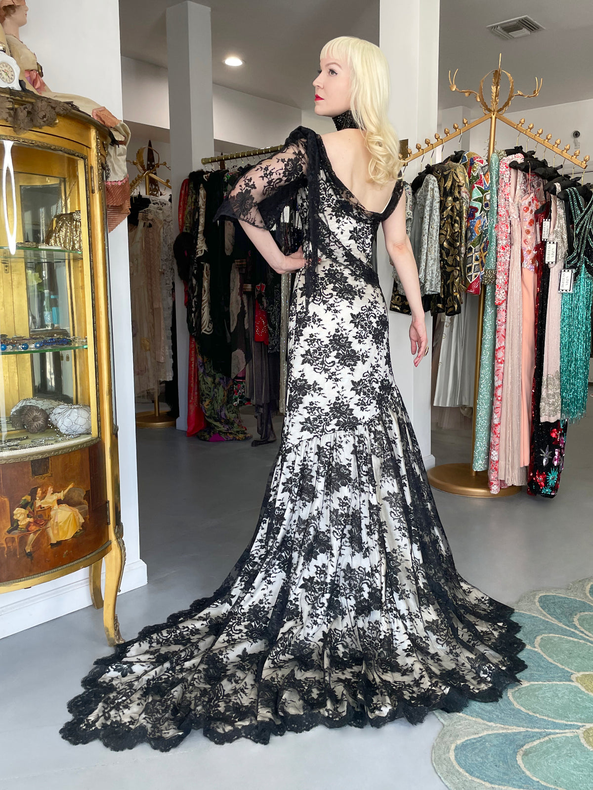 2005 Christian Dior by John Galliano Black Lace &amp; Ivory Silk Trained Bias-Cut Gown