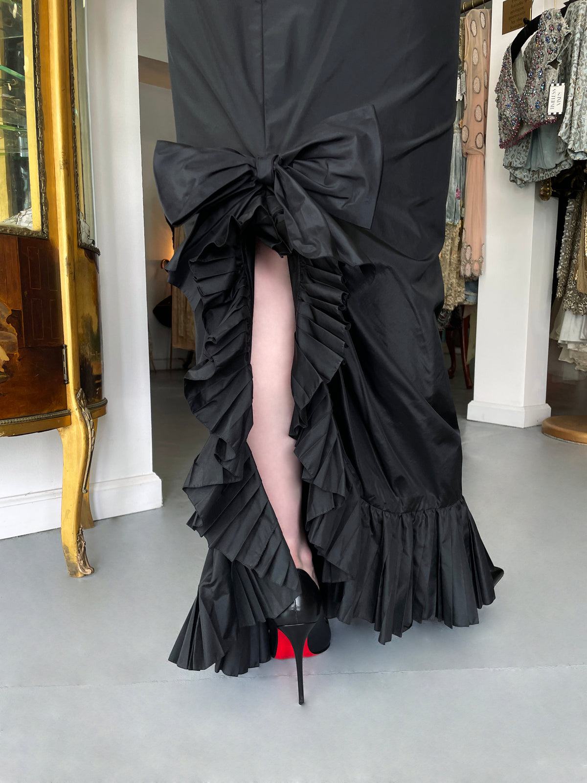 1986 Chanel Documented Runway Black Pleated Silk One-Shoulder Hourglass Gown