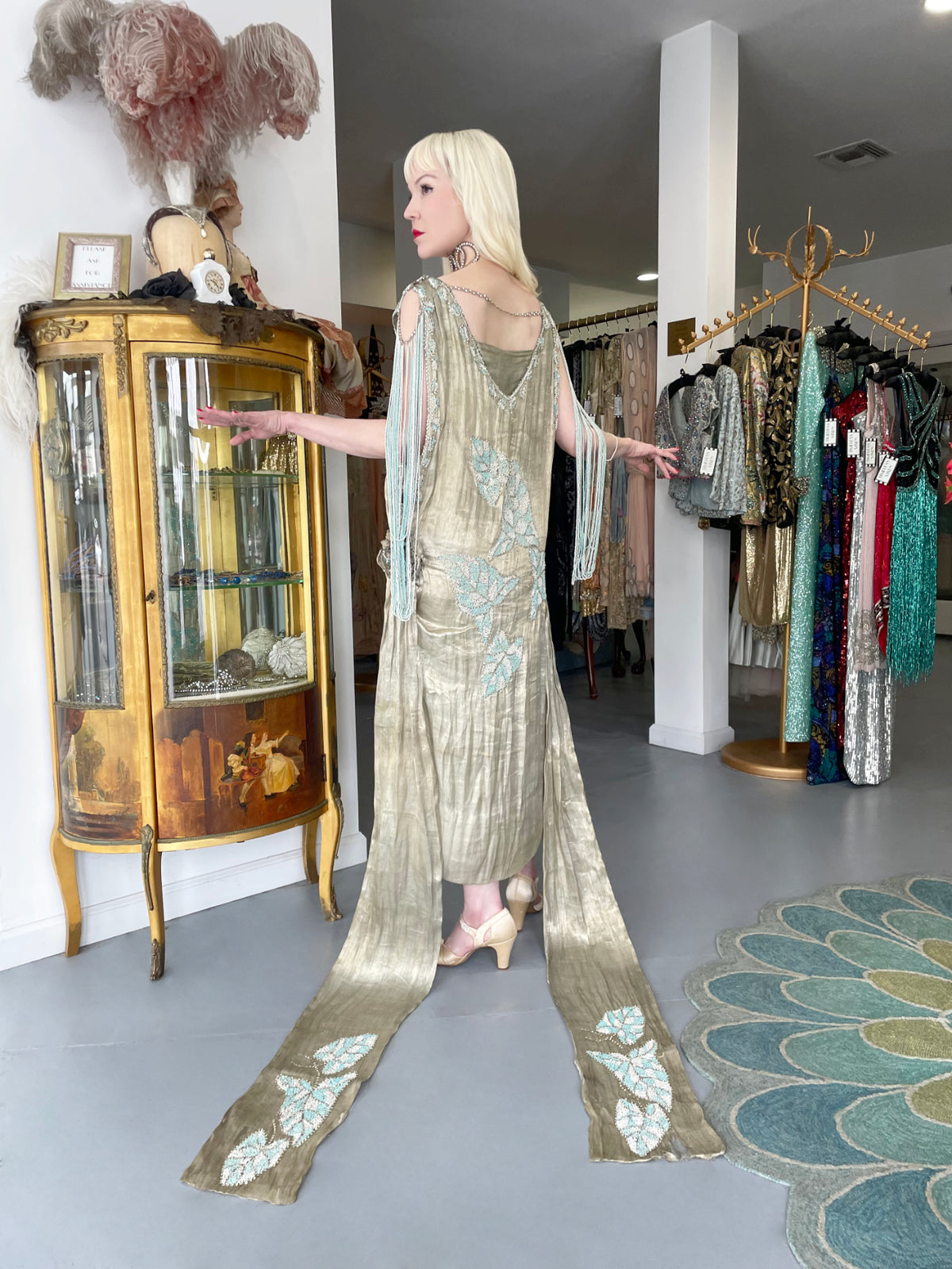 1920’s French Couture Metallic Gold Lamé Beaded Leaf-Motif Trained Evening Dress