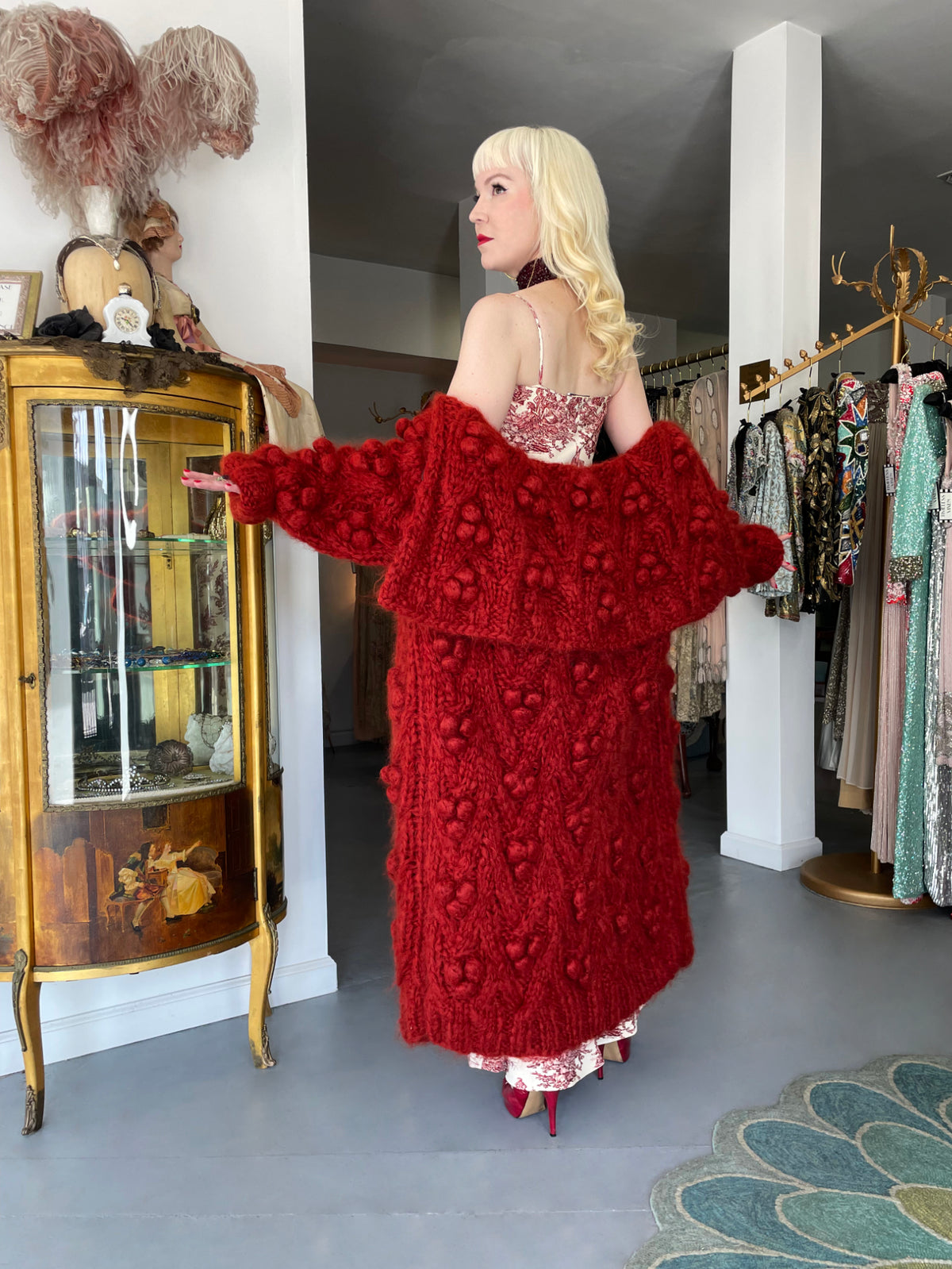 1999 Christian Dior by John Galliano Wine Red Wool Knit Shawl-Collar Sweater Coat