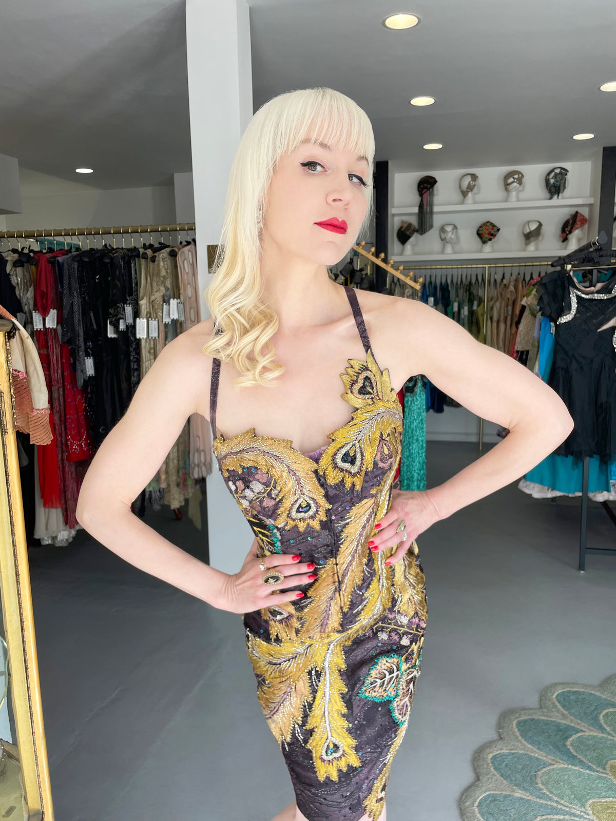 1970&#39;s Embroidered Peacock Motif Beaded Silk Couture Dance Dress