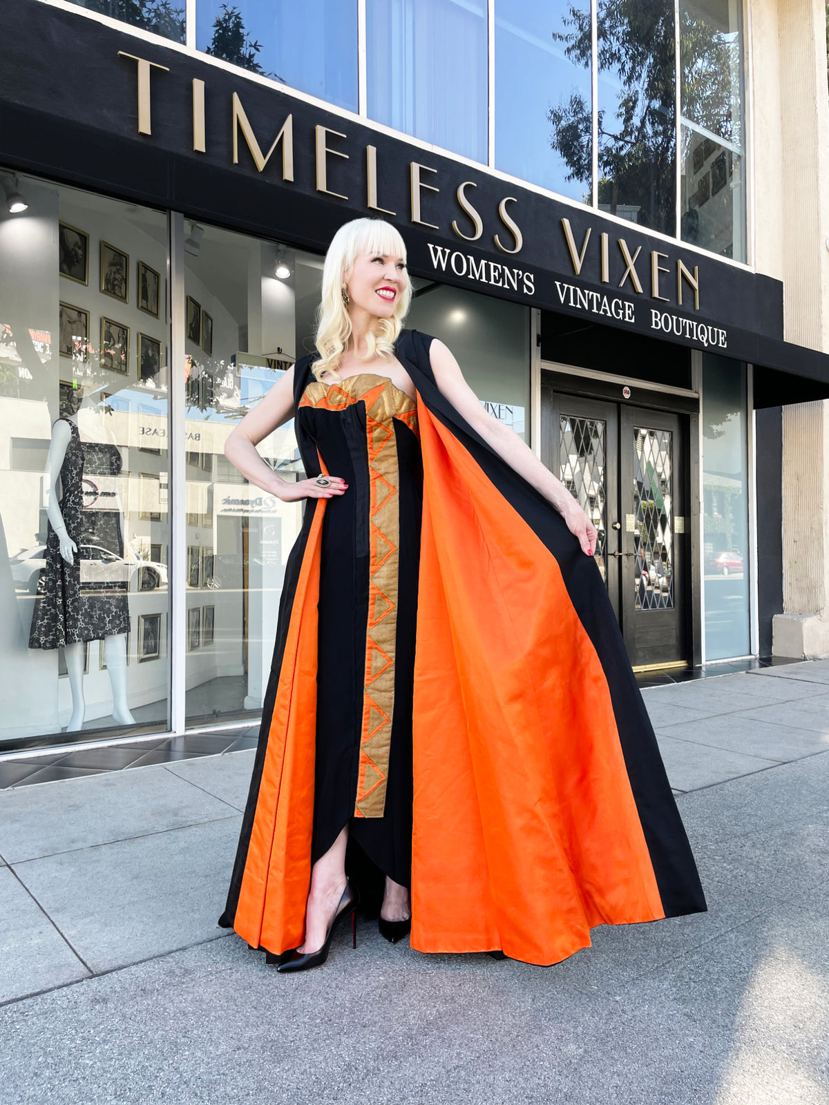 1950&#39;s Yma Sumac Custom Couture Black &amp; Orange Silk Hourglass Gown Ensemble
