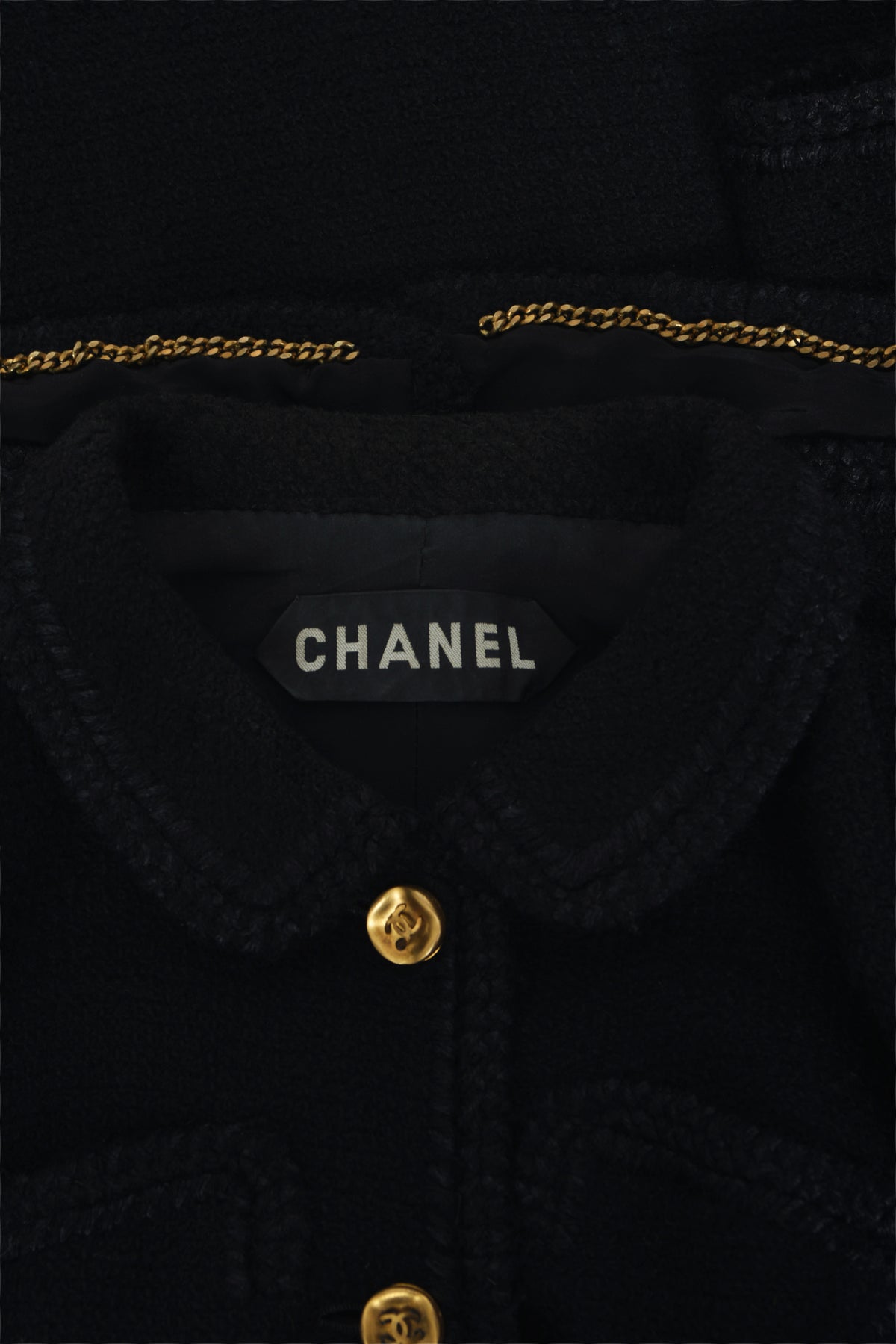 1973 Chanel Haute Couture Black Boucle Wool Logo Buttons Jacket Suit