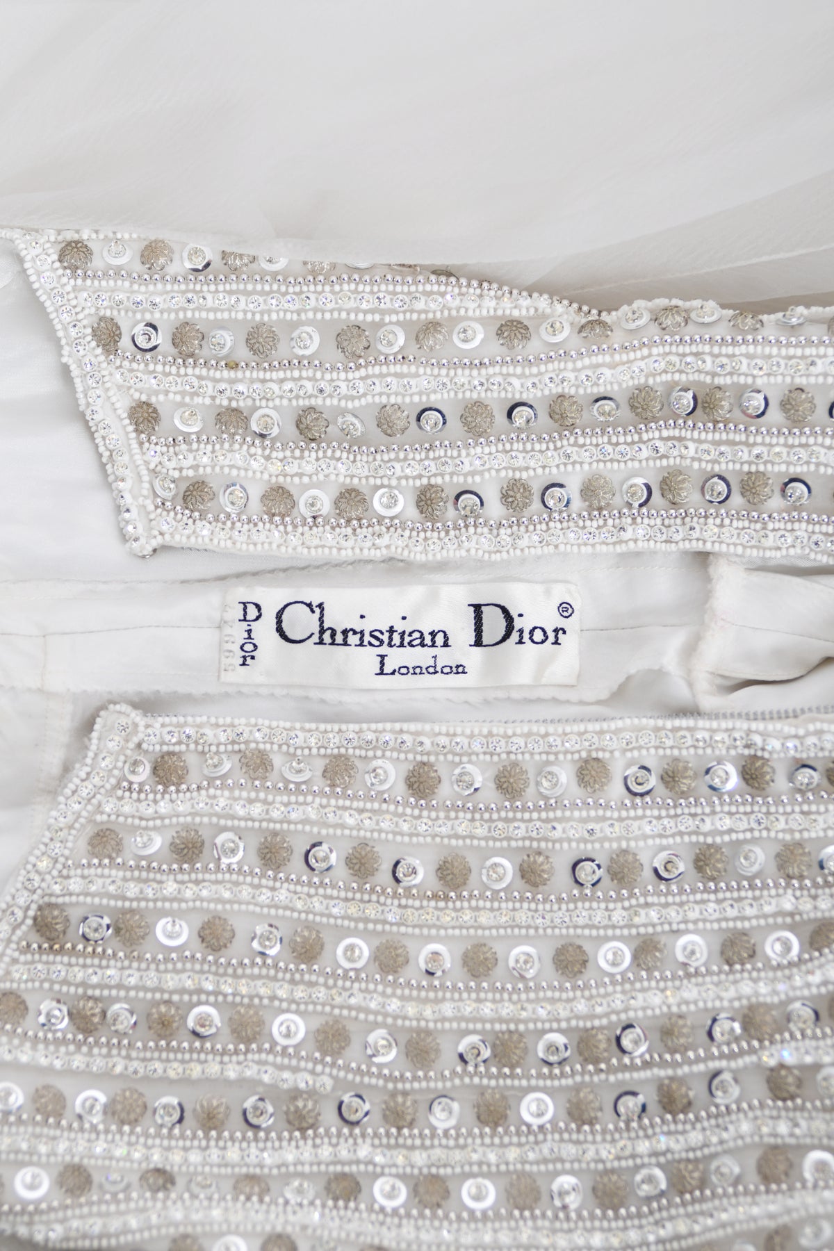 1972 Christian Dior Couture White Beaded Sheer Silk Billow-Sleeve Bridal Gown w/ Matching Veil