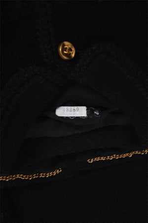 1973 Chanel Haute Couture Black Boucle Wool Logo Buttons Jacket Suit
