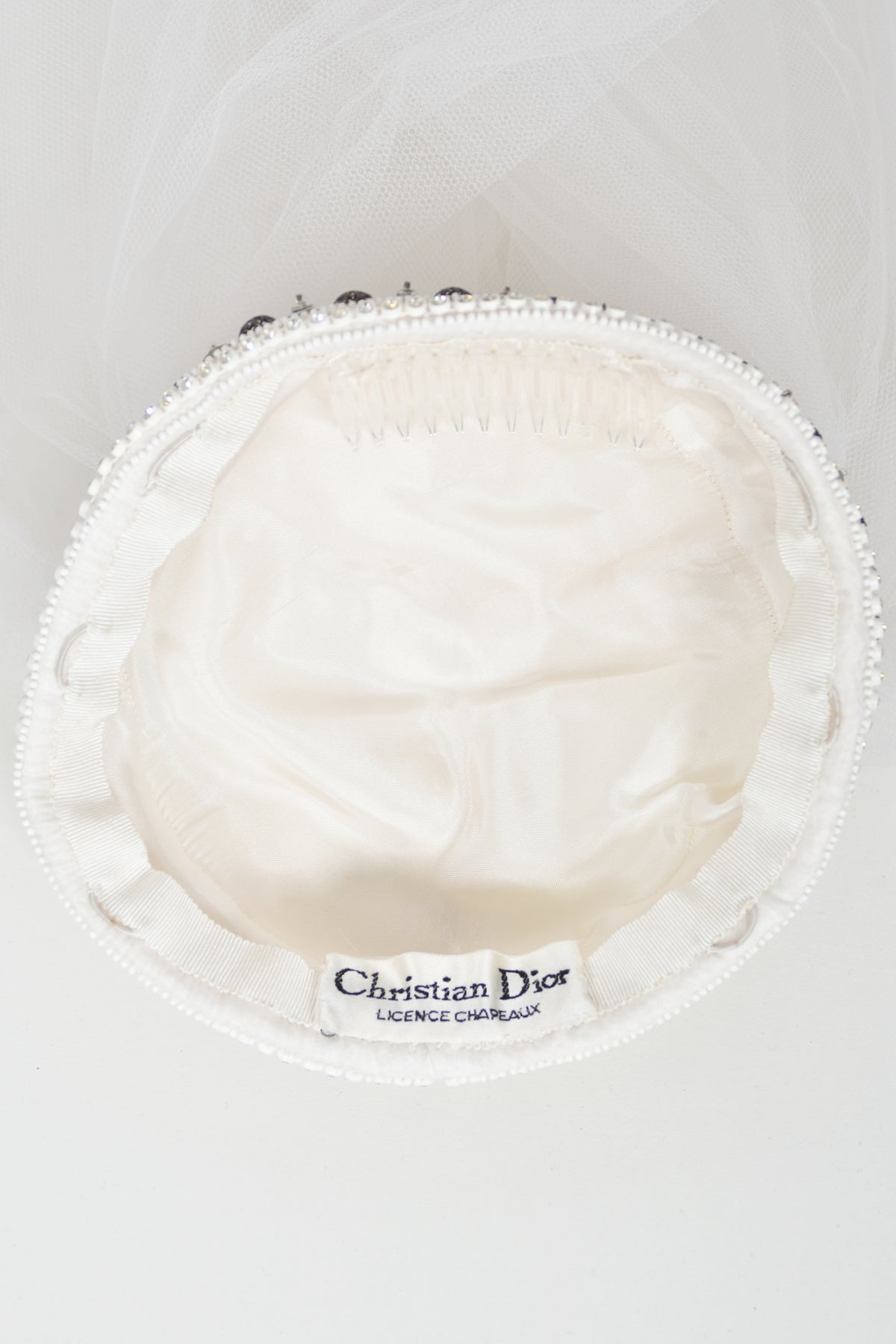 1972 Christian Dior Couture White Beaded Sheer Silk Billow-Sleeve Bridal Gown w/ Matching Veil