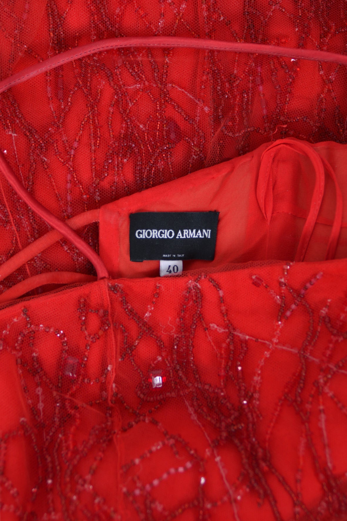 2001 Giorgio Armani 'Kate Moss for Vogue' Magazine Cover Fully-Beaded Ruby Red Silk Tulle Finale Gown