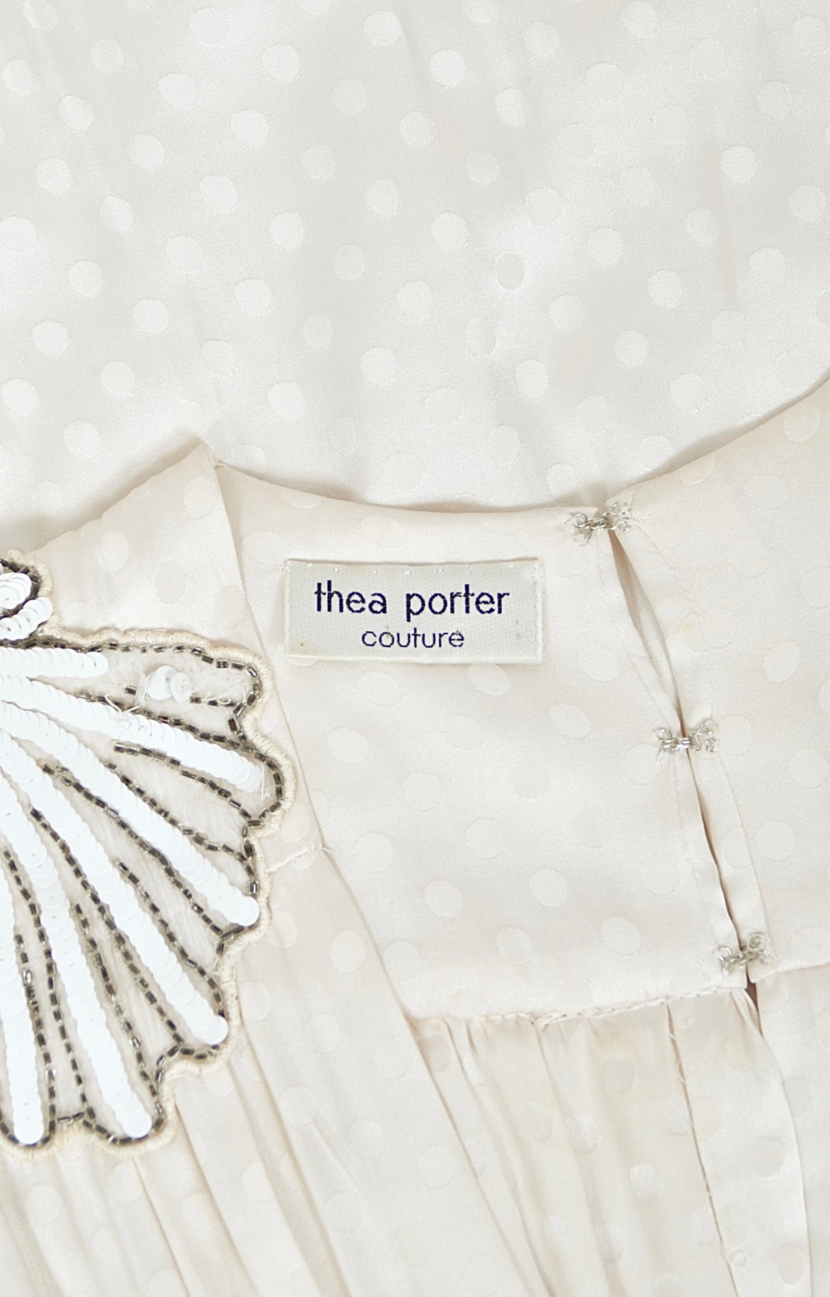 1974 Thea Porter Couture Beaded Sequin Seashells Ivory Silk Billow-Sleeve Trained Gown