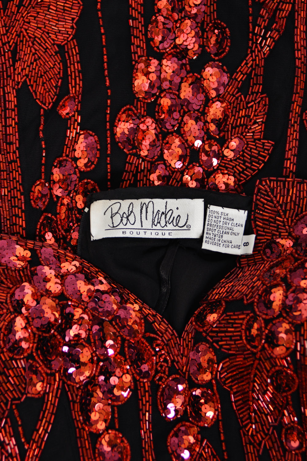 1990 Bob Mackie Red Grapevines Beaded Sequin Silk Strapless Hourglass Slit Gown