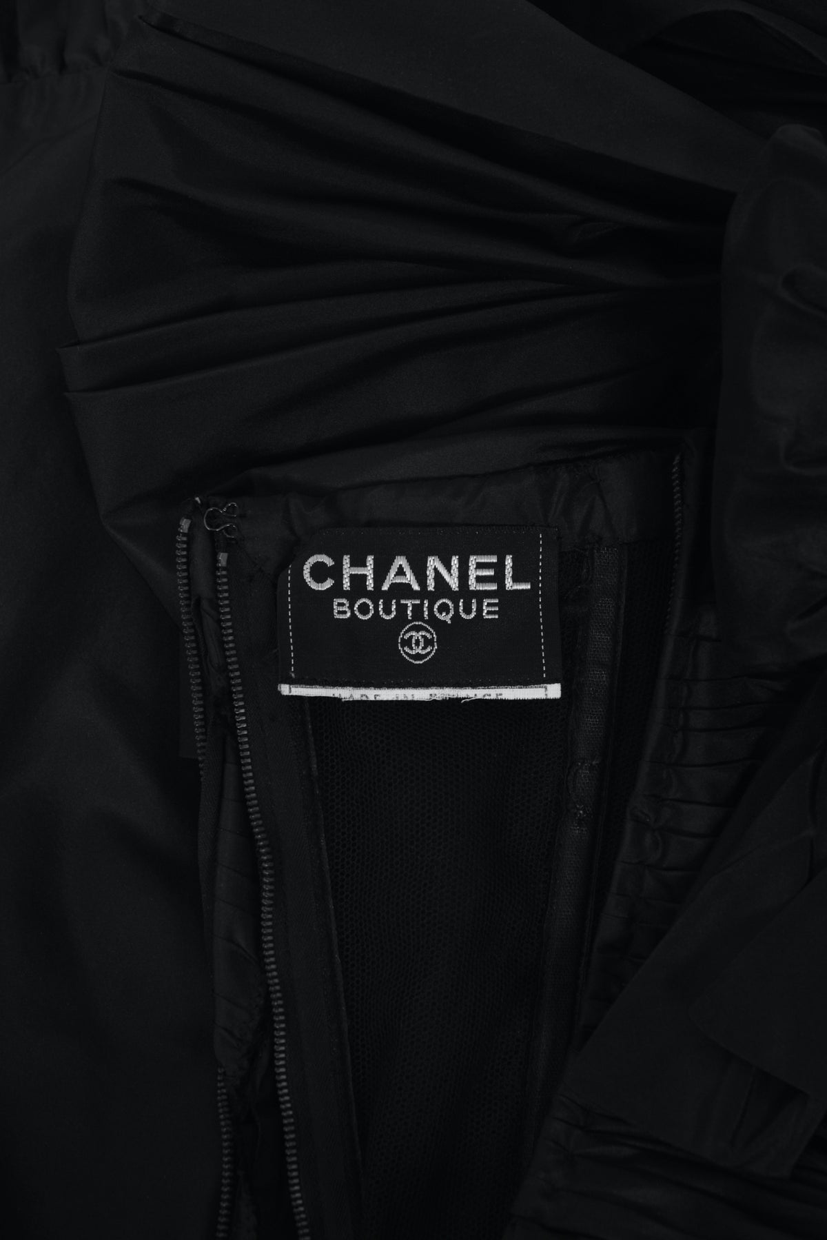 1986 Chanel Documented Runway Black Pleated Silk One-Shoulder Hourglass Gown