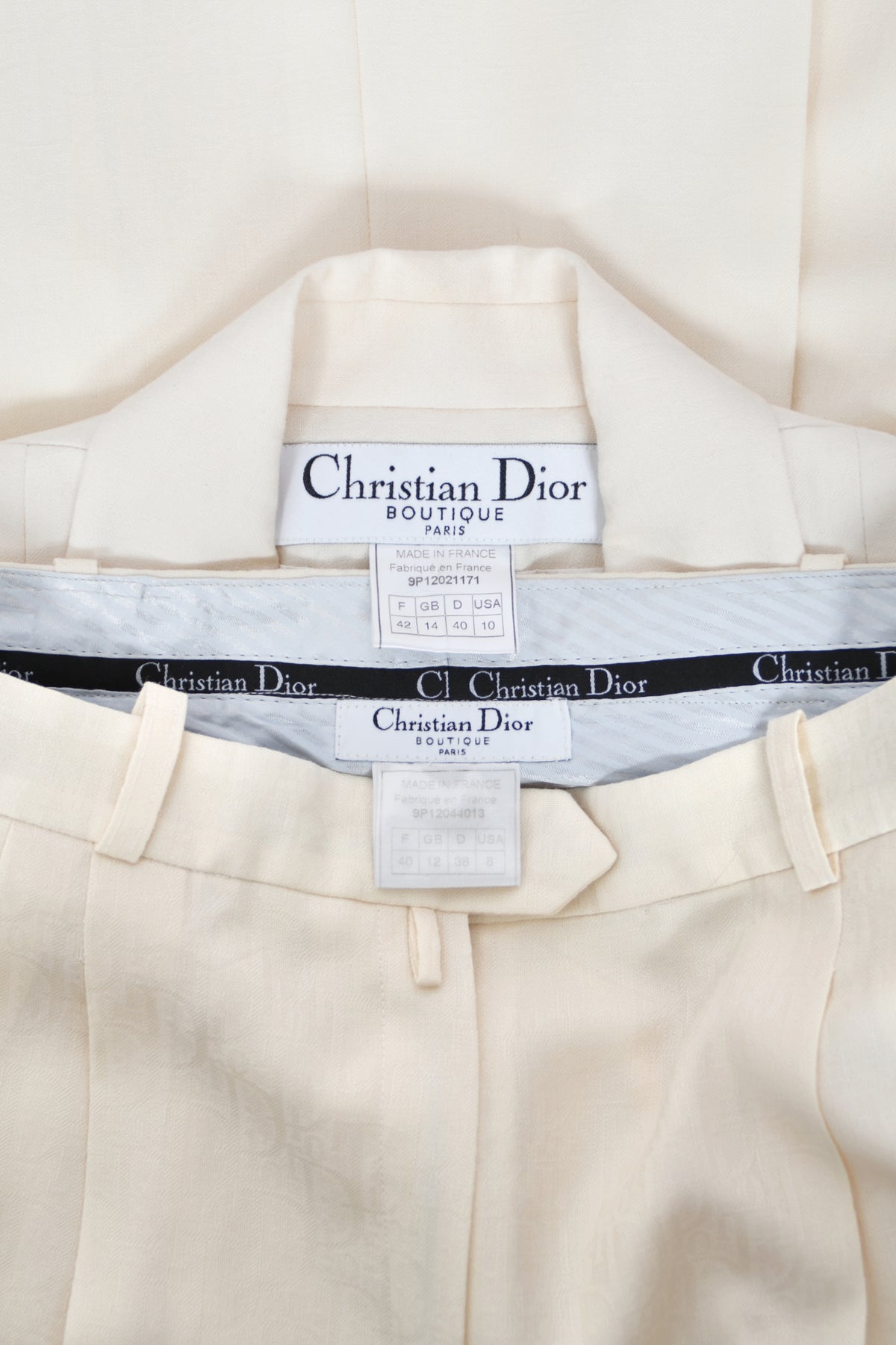 1999 Christian Dior by John Galliano Ivory Logo-Print Silk Enamel Buttons Pantsuit