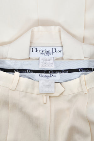 1999 Christian Dior by John Galliano Ivory Logo-Print Silk Enamel Buttons Pantsuit
