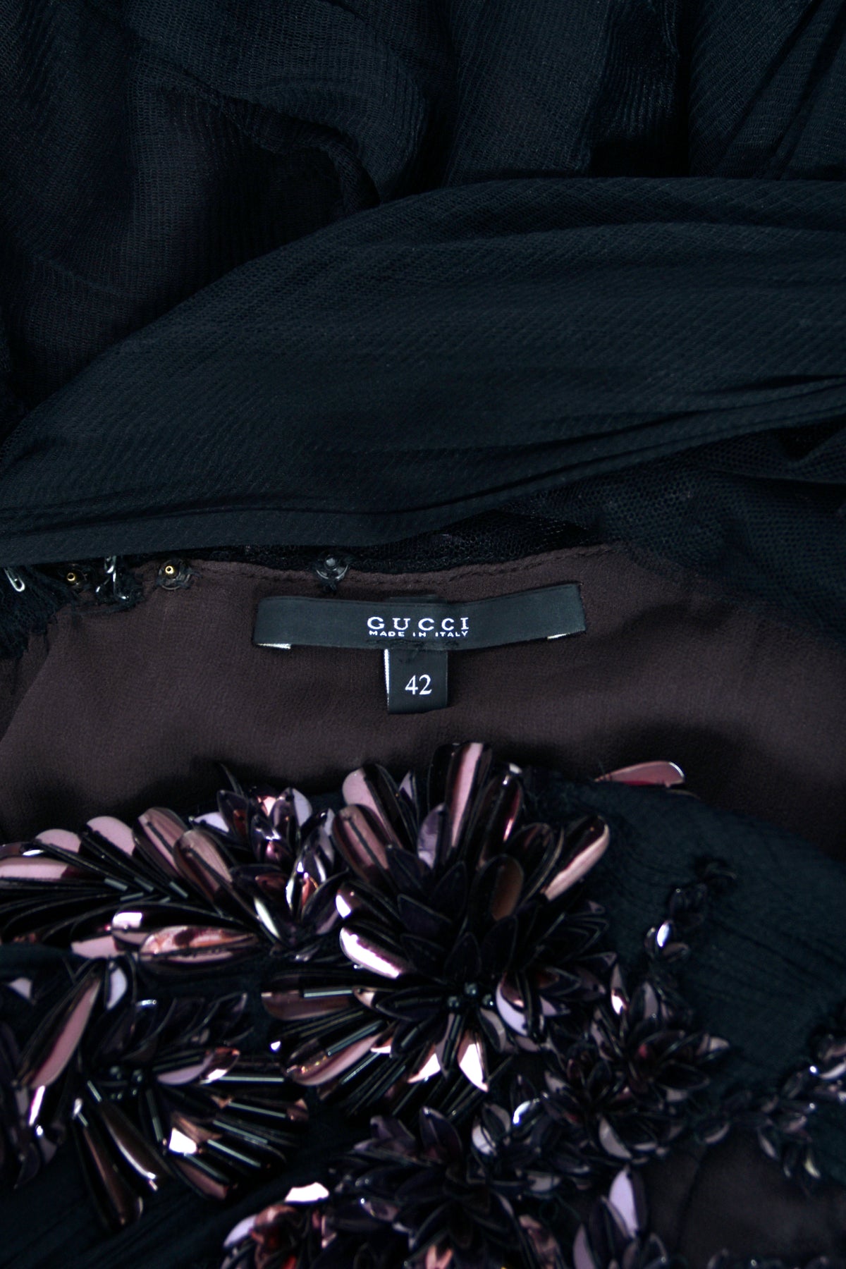 2012 Gucci Runway Editorial Heavily Embellished Sequin Sheer Black Pleated Tulle Gown
