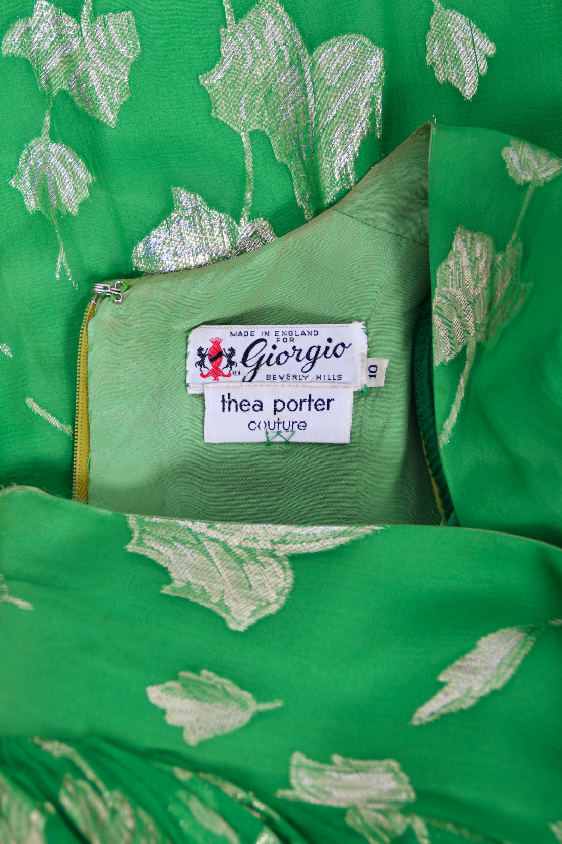 1974 Thea Porter Couture Metallic Green Sheer Silk Billow-Sleeve Maxi Dress