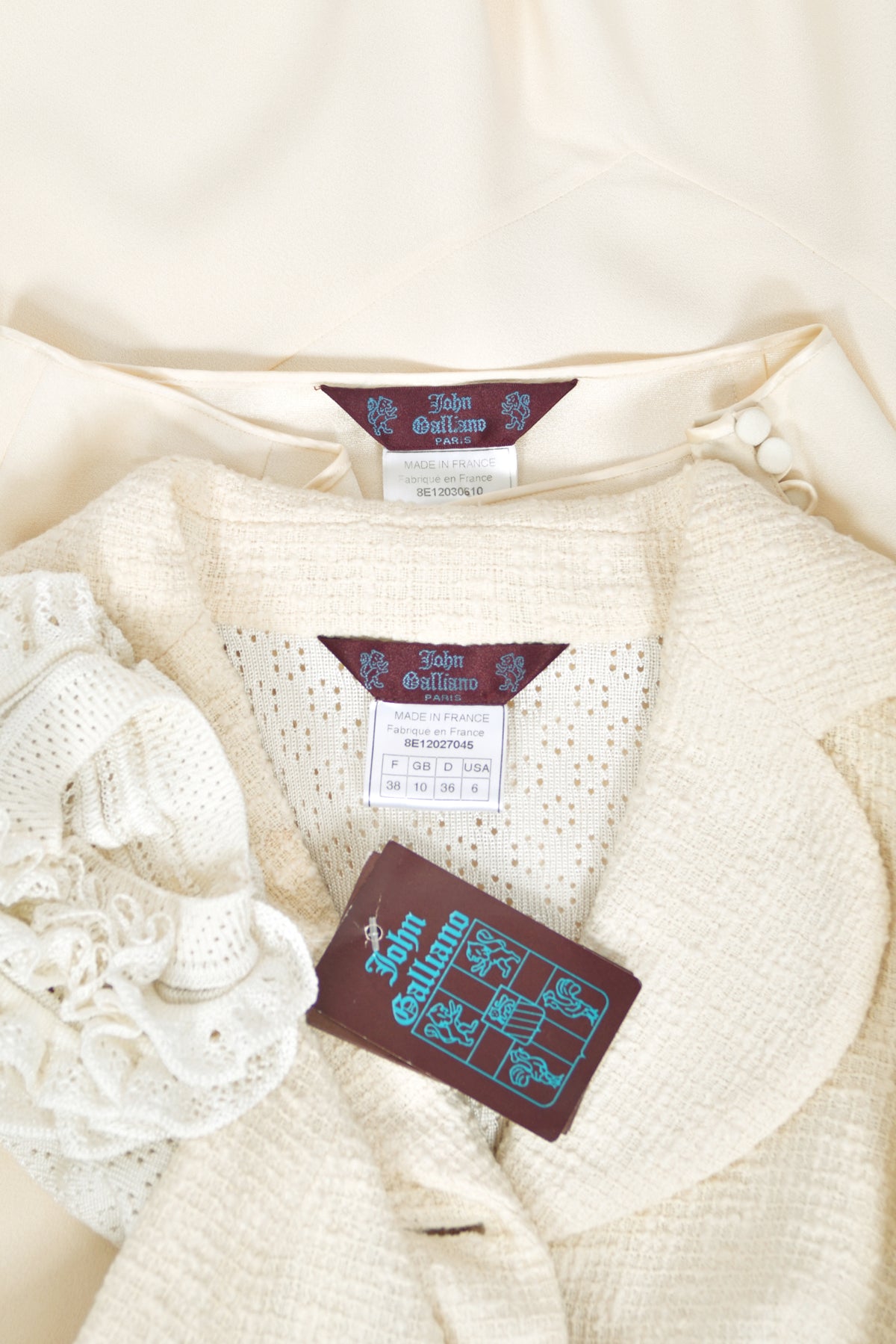 1998 John Galliano ‘Haute Bohème’ Collection Ivory Knit Ruffle Sleeve Jacket &amp; Bias-Cut Skirt Set w/Tags