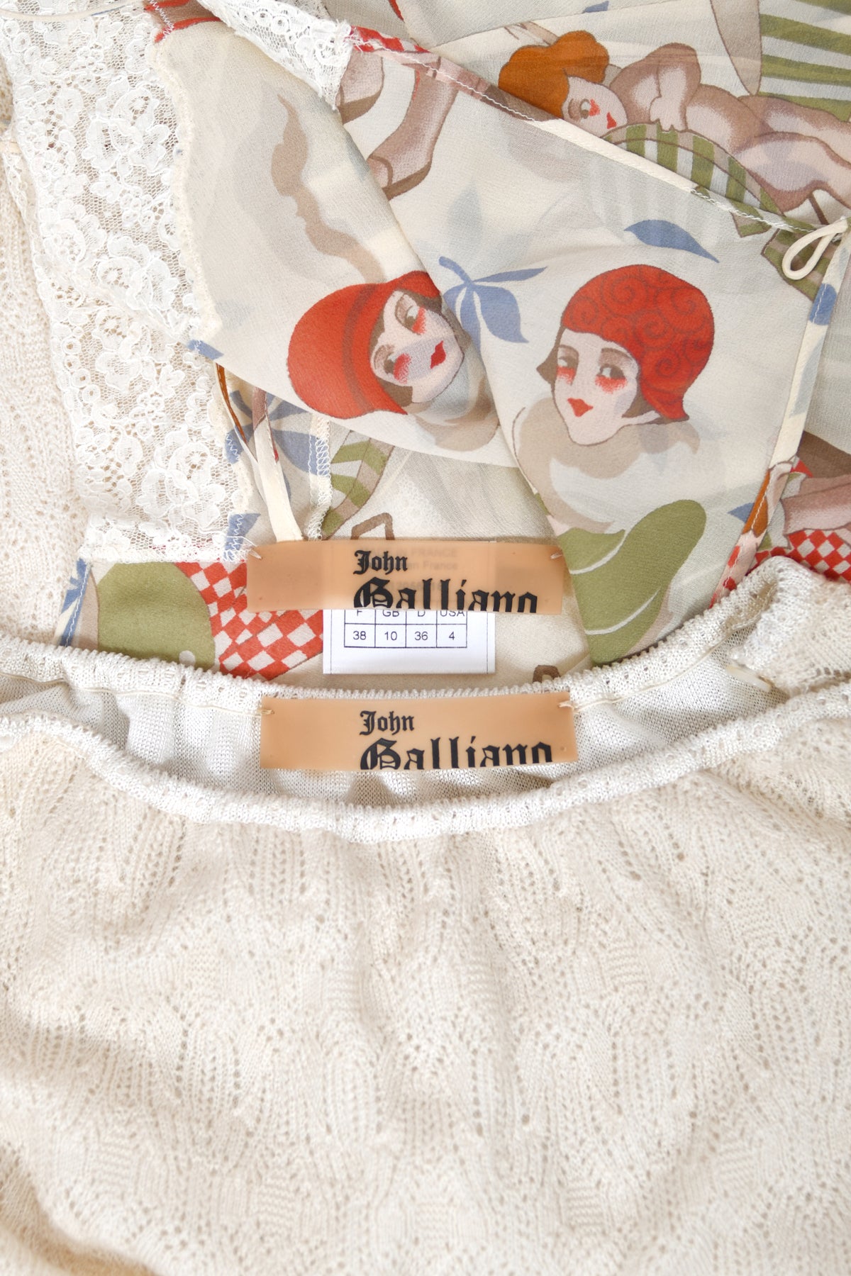 2004 John Galliano 'Cherubs & Flappers' Whimsical Print Silk Camisole & Cashmere Knit Bias-Cut Skirt Set