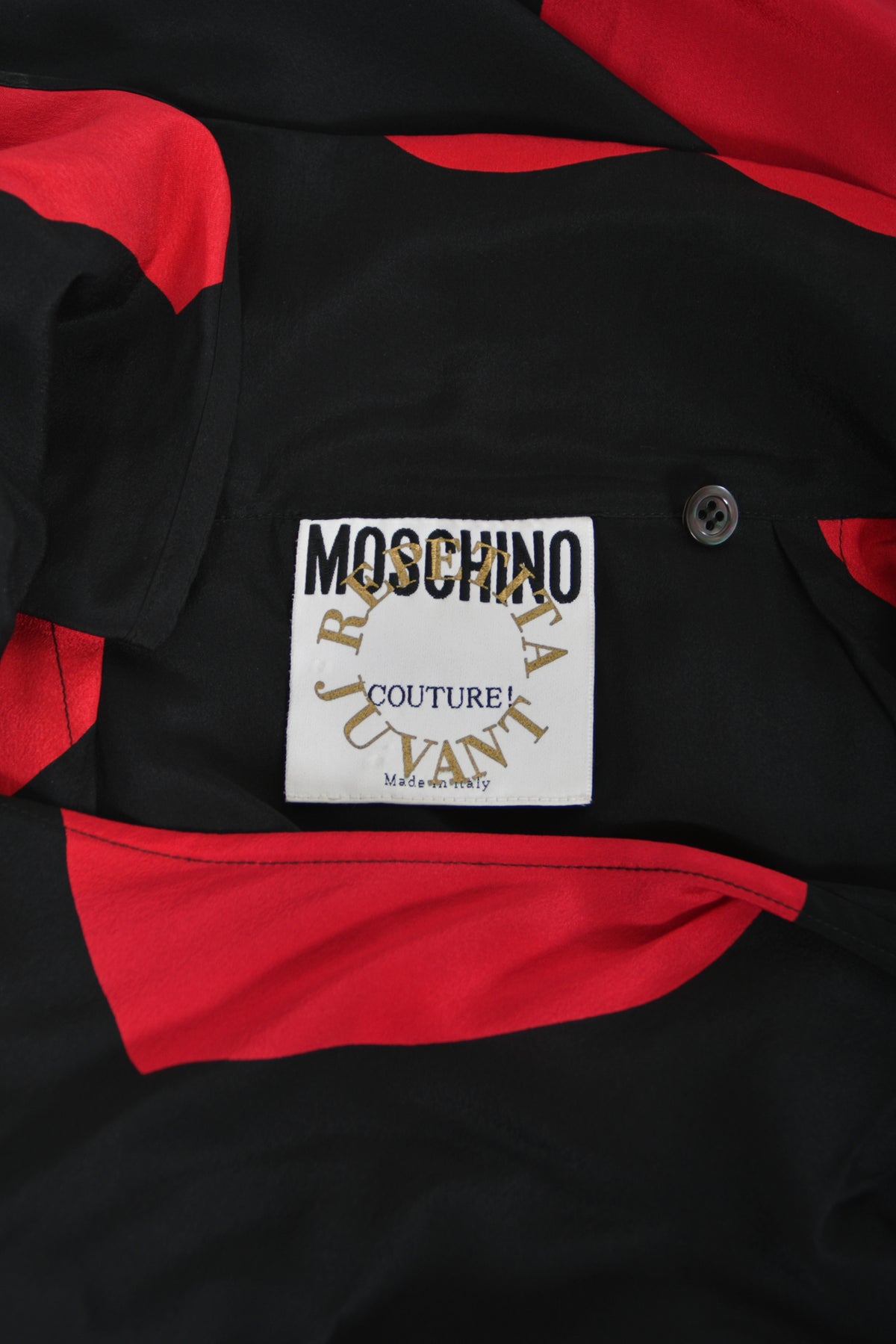 1994 Moschino Couture Documented &#39;Heartbreaker&#39; Novelty Print Silk Convertible Dress