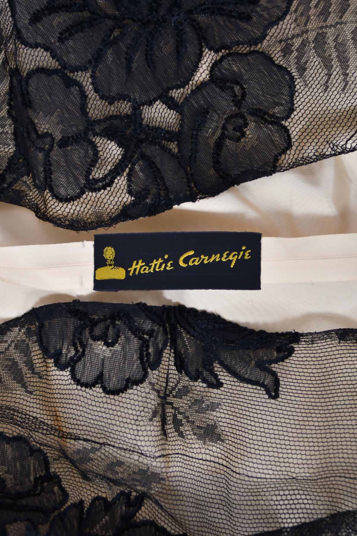 1950’s Hattie Carnegie Couture Large-Scale Black Floral Chenille Lace Full Skirted High-Low Gown