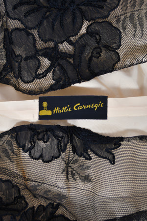 1950’s Hattie Carnegie Couture Large-Scale Black Floral Chenille Lace Full Skirted High-Low Gown