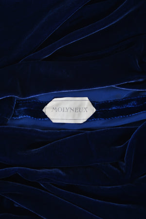 1930 Molyneux Haute Couture Documented Sapphire Blue Silk Velvet Bias-Cut Gown