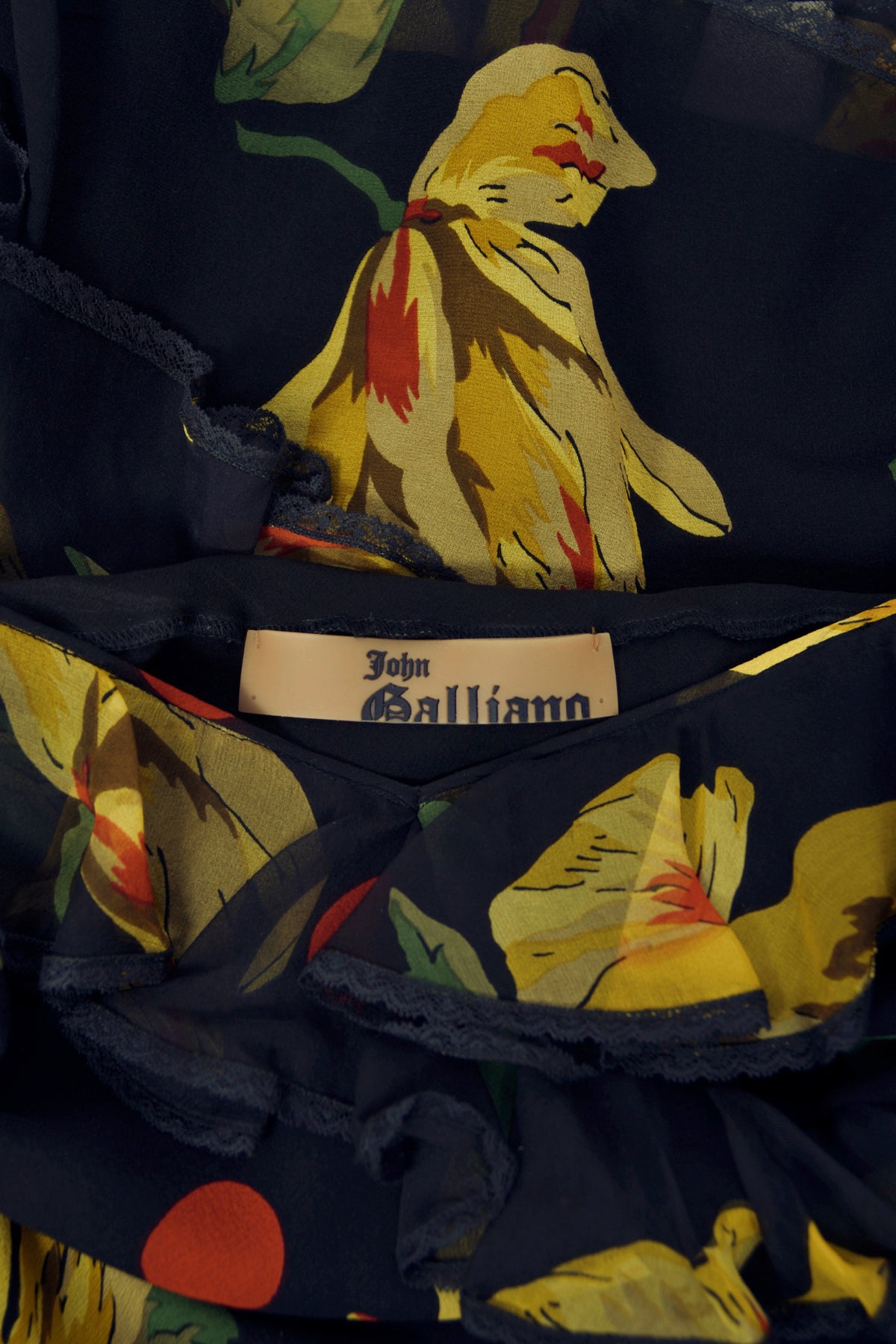 2004 John Galliano Large Scale Deco Floral Chiffon & Lace Bias-Cut Slip Dress