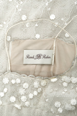 2004 Randi Rahm Couture Embroidered Metallic Ivory Lace Appliqué Trained Slip Gown