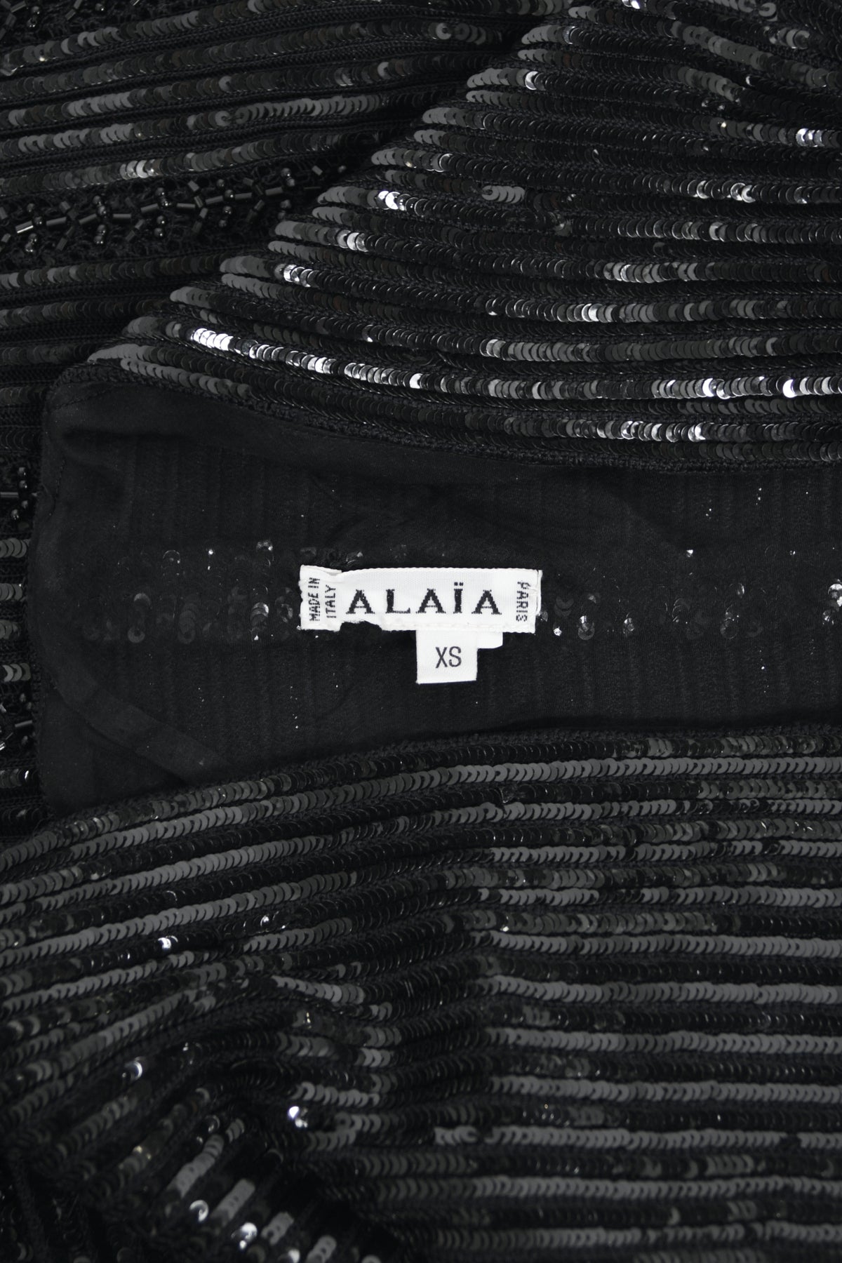 1996 Azzedine Alaia Beaded Sequin Black Semi-Sheer Stretch Knit Flounced Mini Dress