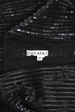 1996 Azzedine Alaia Beaded Sequin Black Semi-Sheer Stretch Knit Flounced Mini Dress