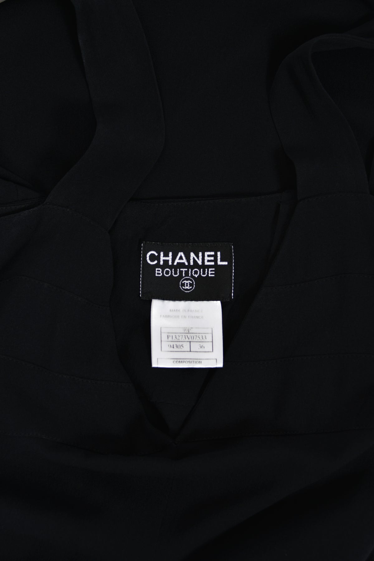 1999 Chanel by Karl Lagerfeld Runway Black Crepe Low-Plunge Draped Sash Jumpsuit
