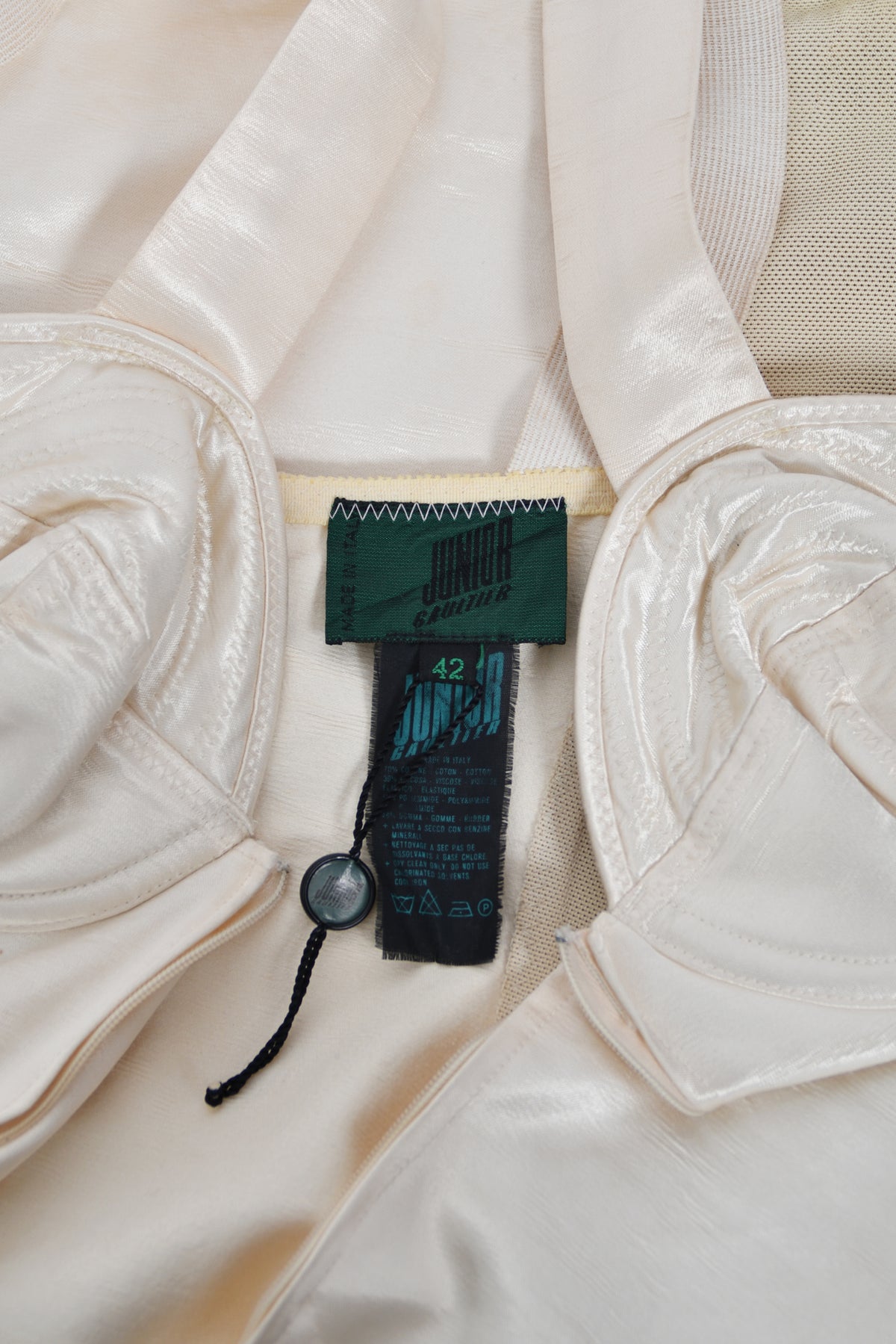 1988 Jean Paul Gaultier Cream Stretch Satin Cone Bra Bustier Corset Mini Dress