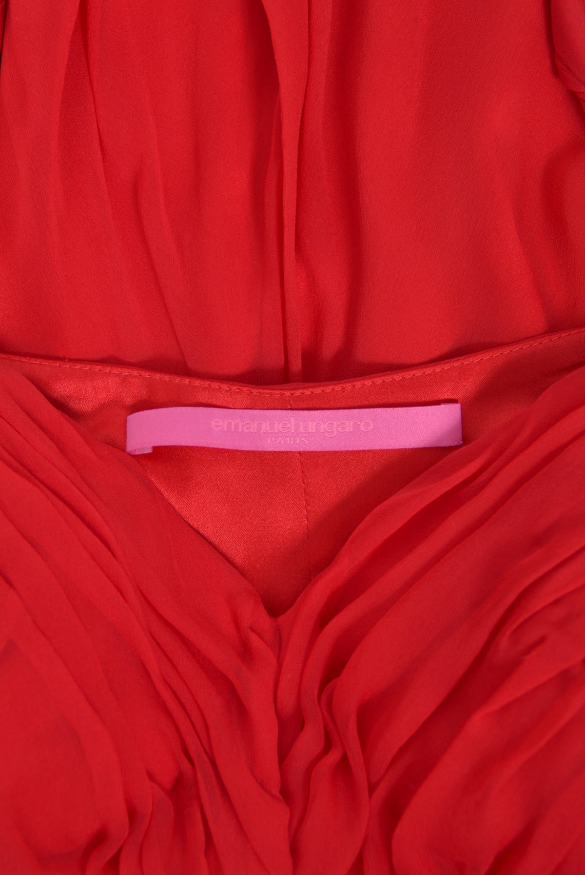 2007 Emanuel Ungaro Lipstick Red Heavily Ruched Silk Chiffon Trained Hourglass Gown
