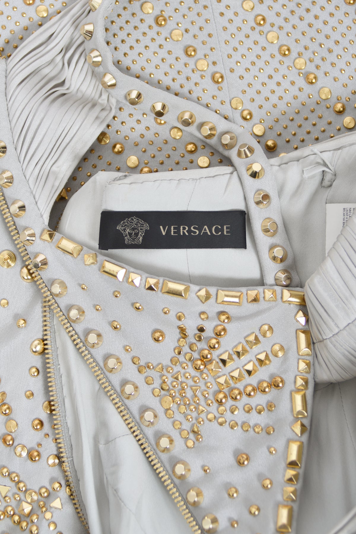 2012 Versace Runway Gold Studded Pale Dove Gray Silk Jersey Hourglass Gown