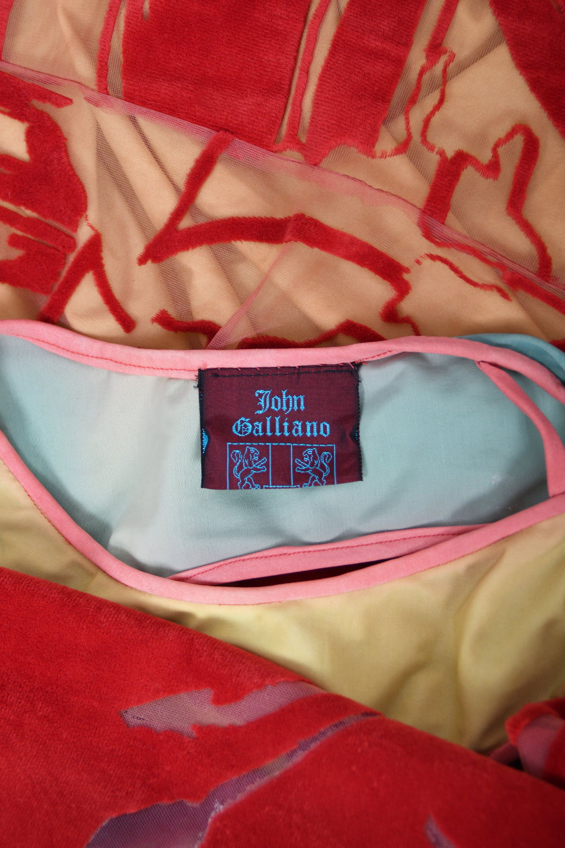 1991 John Galliano Documented Runway Red Flocked Velvet Asymmetric Bias-Cut Gown