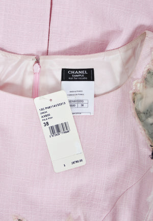 2013 Chanel by Karl Lagerfeld Runway Sample Pink Linen Floral Appliqué & Feathers Dress