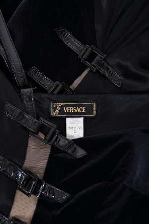 2004 Versace Runway Black Silk & Velvet Sheer-Illusion Buckle Trimmed High Slit Gown