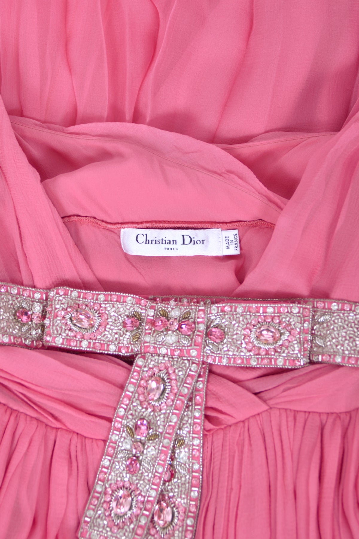2008 Christian Dior by John Galliano Resort Pink Silk Low-Cut Jeweled Belt Pleated Gown