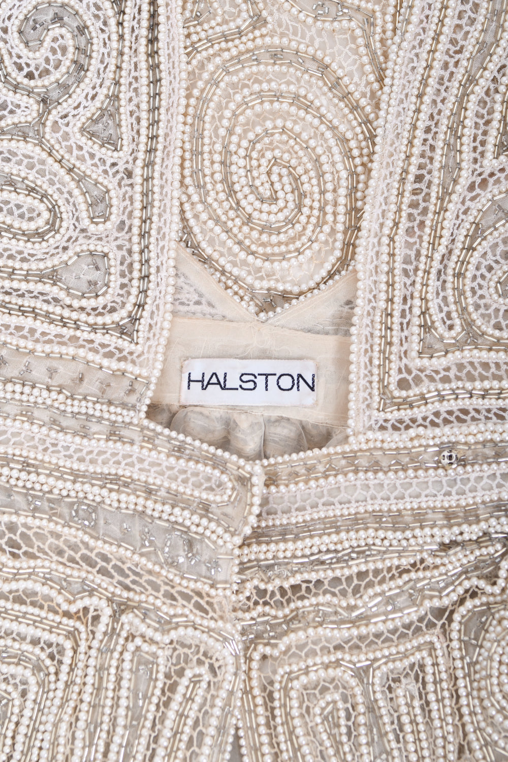 1970&#39;s Halston Couture Ivory Beaded Sheer Lace Backless Halter Wrap Gown