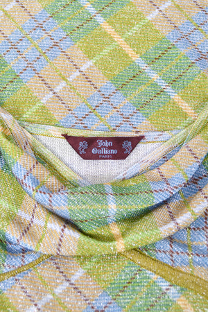 2000 John Galliano Metallic Plaid Lurex Knit Bias-Cut Maxi Dress w/ Matching Cardigan
