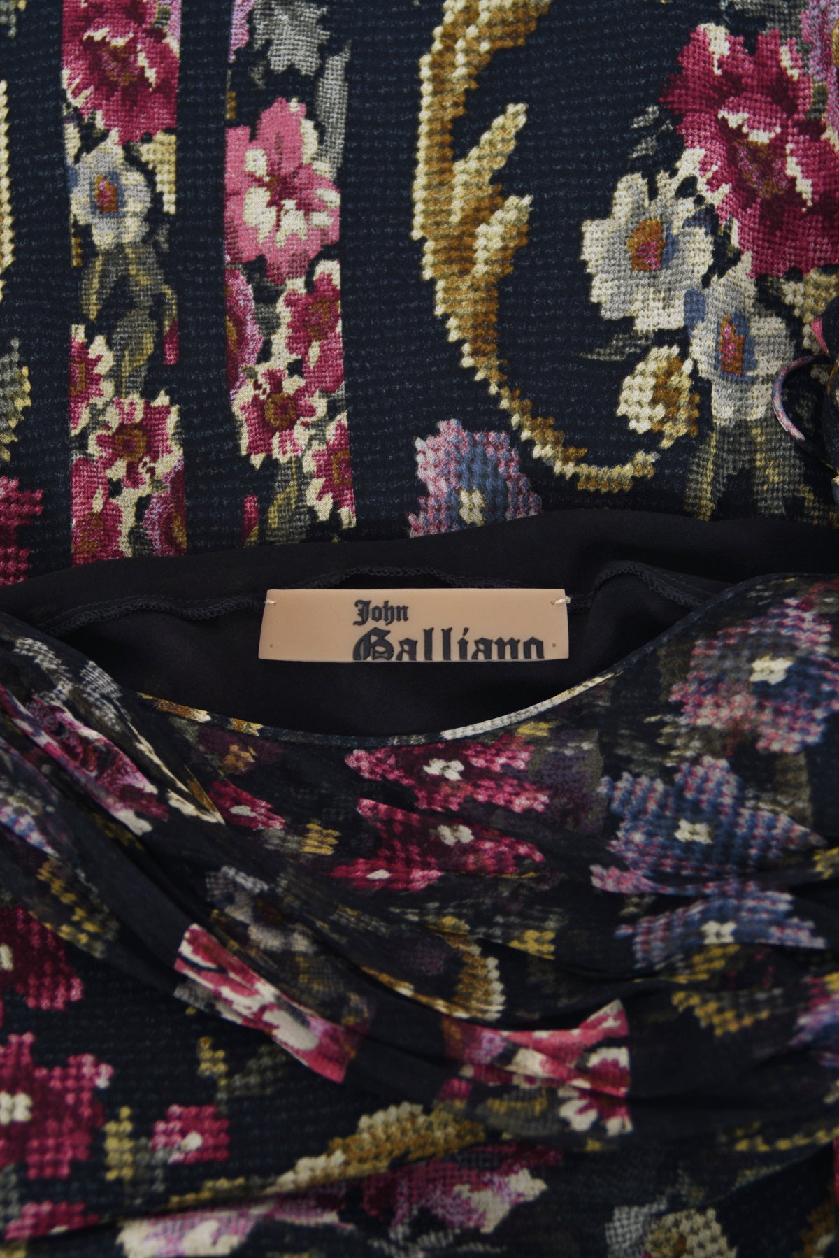 2004 John Galliano Needlepoint Floral Print Silk Bias-Cut Gown w/ Matching Scarf