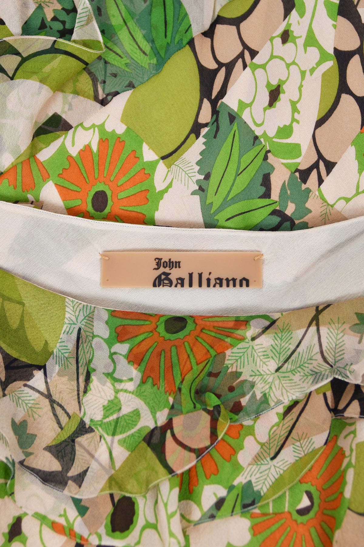 2005 John Galliano Green &amp; Beige Floral Print Silk Tiered Ruffle Bias-Cut Dress