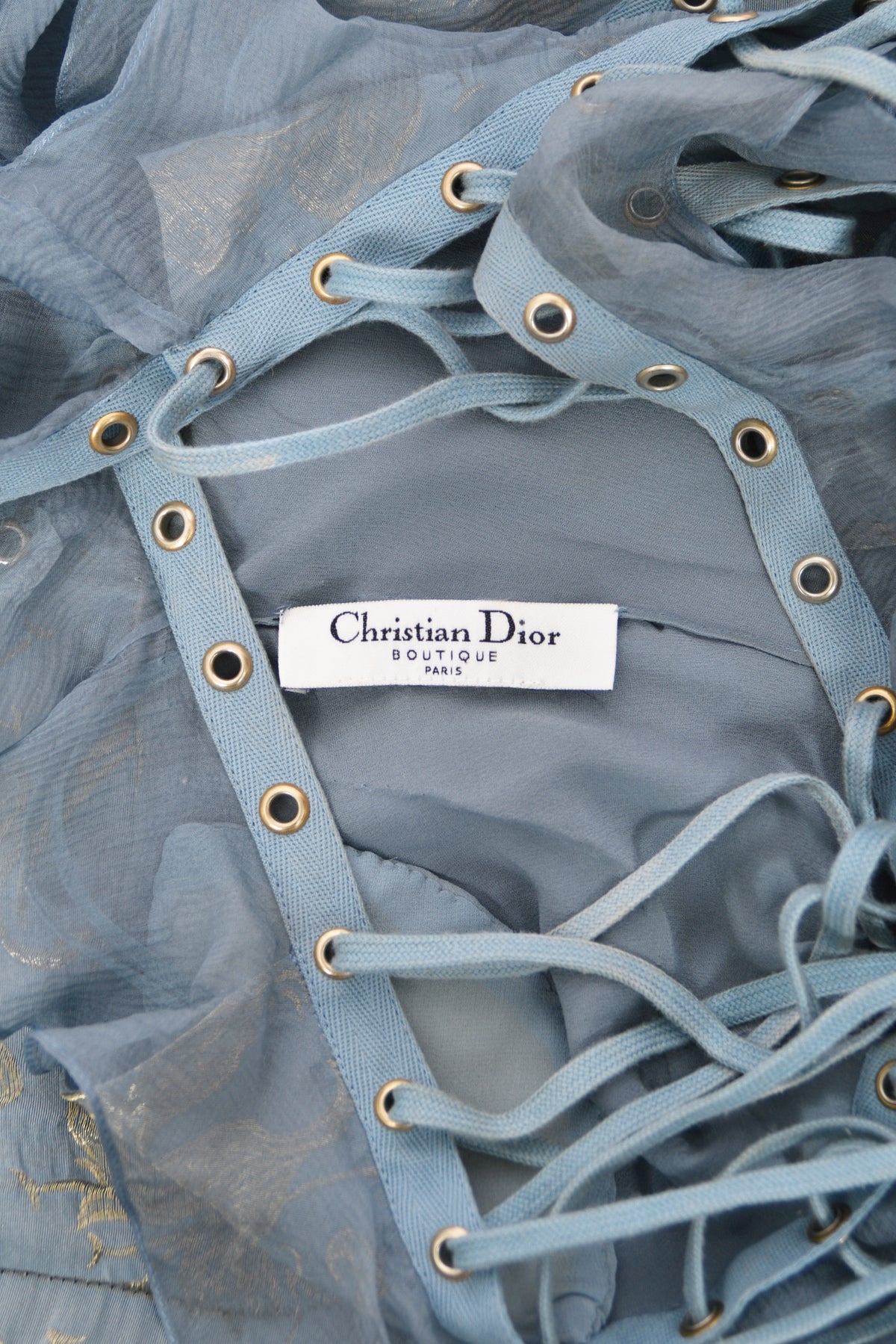 2003 Christian Dior by John Galliano Metallic Powder Blue Floral Silk Brocade Lace Up Bias-Cut Gown