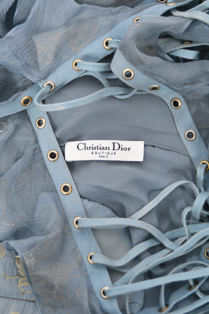 2003 Christian Dior by John Galliano Metallic Powder Blue Floral Silk Brocade Lace Up Bias-Cut Gown