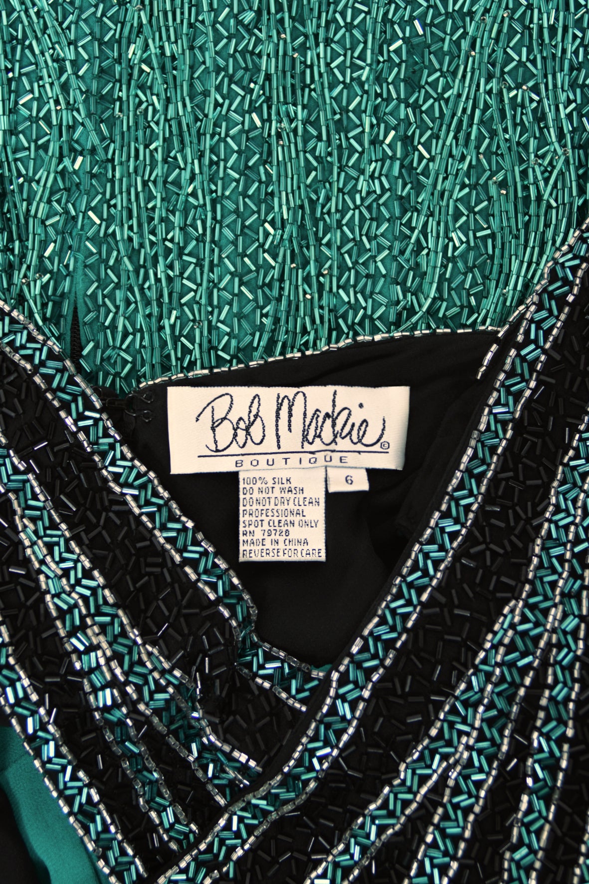 1990 Bob Mackie Teal-Green &amp; Black Beaded Fringe Backless Cocktail Dress