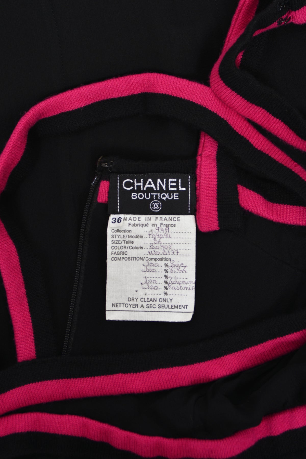 1994 Chanel by Karl Lagerfeld Black Sheer Silk Chiffon Pink Cashmere Trimmed Maxi Dress w/ Shawl