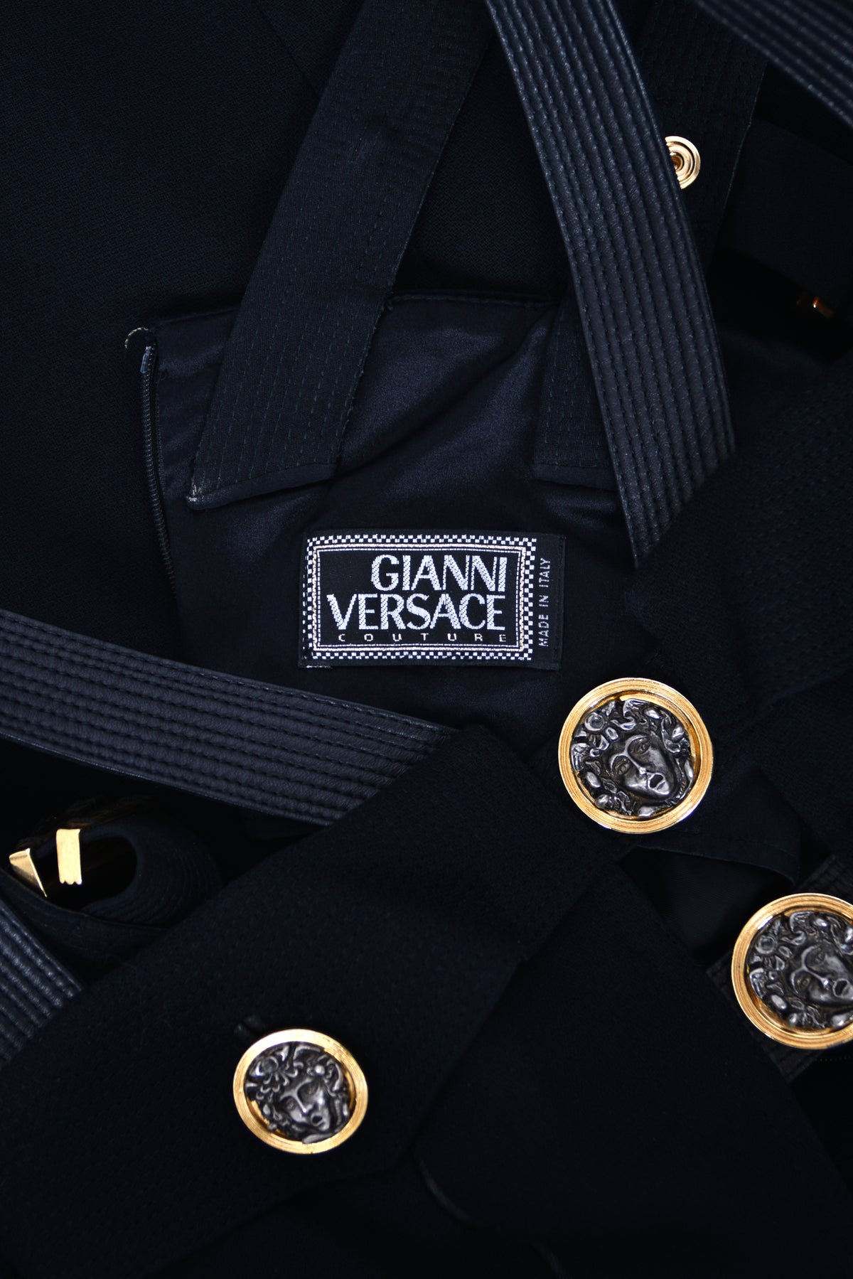 1992 Gianni Versace 'Miss S&M' Runway Collection Black Leather Bondage Wool Dress