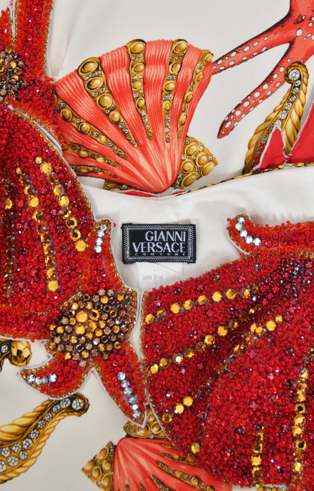 1992 Gianni Versace Iconic Crystal Beaded &#39;Seashell&#39; Print Silk Hourglass Gown