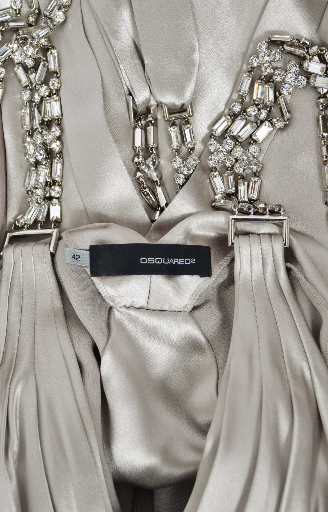 2006 Dsquared2 Platinum Silk Jeweled Backless Trained Glamour Gown