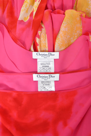 2003 Christian Dior by John Galliano Tie-Dye Pink Yellow Print Silk Cropped Blouse & Bias-Cut Skirt