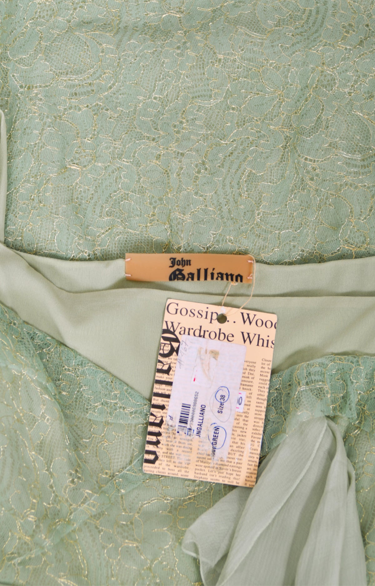 2007 John Galliano Metallic Mint-Green Lace &amp; Sheer Silk Tiered Ethereal Gown w/Tags