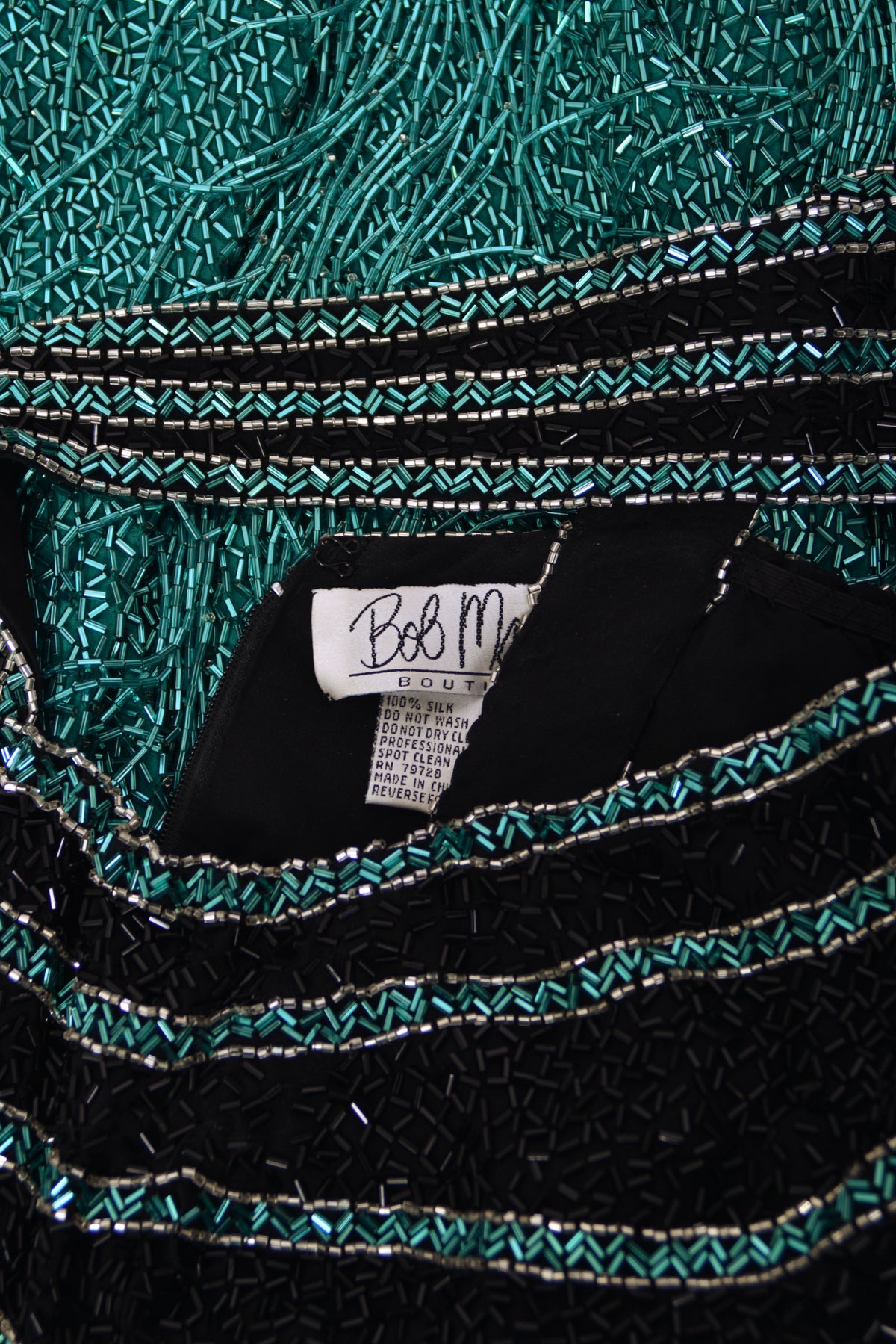 1990 Bob Mackie Teal-Green &amp; Black Beaded Fringe Backless Cocktail Dress
